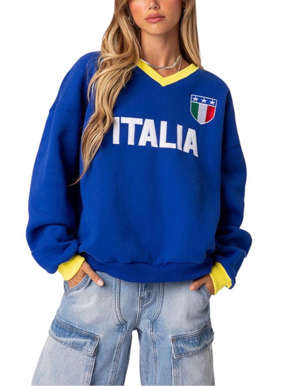 Edikted - Italia V-Neck Blue Crew Sweatshirt with Yellow Trim - Size XS